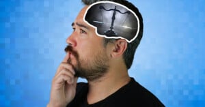 A man with a thoughtful expression and finger on chin is depicted with a superimposed image of a brain containing scales of justice on a blue pixelated background, symbolizing contemplation or decision-making about justice.