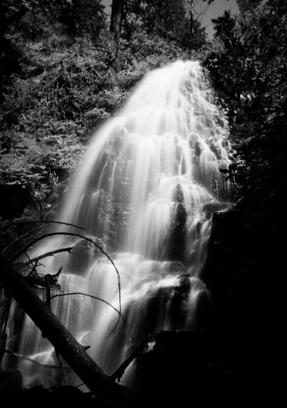 A mesmerizing black and white photograph of a cascading waterfall, surrounded by dense foliage and rocks. The water flows gracefully over tiers of rock, creating a misty, ethereal atmosphere in the forest setting. Fallen branches are visible in the foreground.