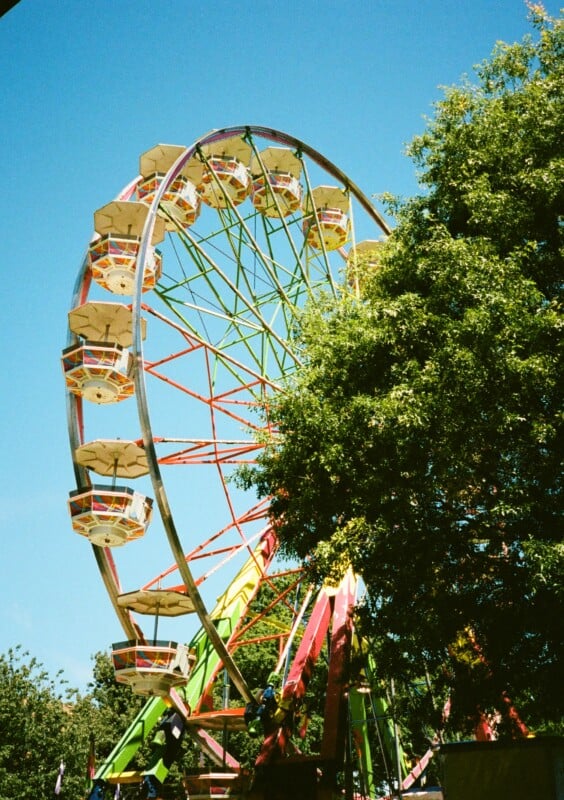 A colorful Ferris wheel with red, green, and yellow seats in motion under a clear blue sky. The structure is partially obscured by a large tree on the right side, with lush green foliage.