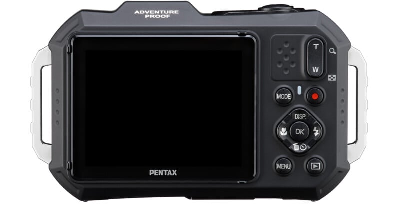 The back view of a Pentax Adventure Proof camera featuring a large display screen, various control buttons including Mode, DISP, OK, Menu, and zoom buttons (T and W). The camera has a rugged design with protective edges.