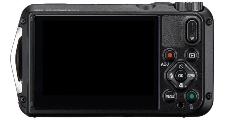 The back view of a digital camera displaying a large central screen, various buttons including power, settings, menu, GPS, directional pad, and zoom controls, with labeling indicating 4K and 20 megapixels. The camera is black with a textured grip.
