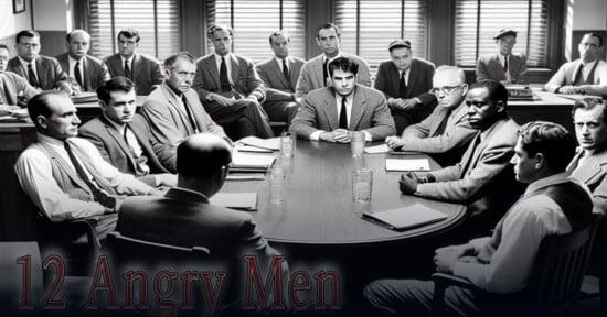 A black-and-white image titled "12 Angry Men" featuring twelve men seated around a large oval table in a courtroom setting. Each man appears focused and intense, some with arms crossed or resting on the table. Additional men sit in the background.