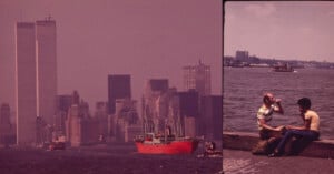 The image is divided into two sections. The left side shows a city skyline with the Twin Towers and a large red ship in the foreground. The right side depicts two people sitting by the water, with one drinking from a bottle and boats visible in the background.