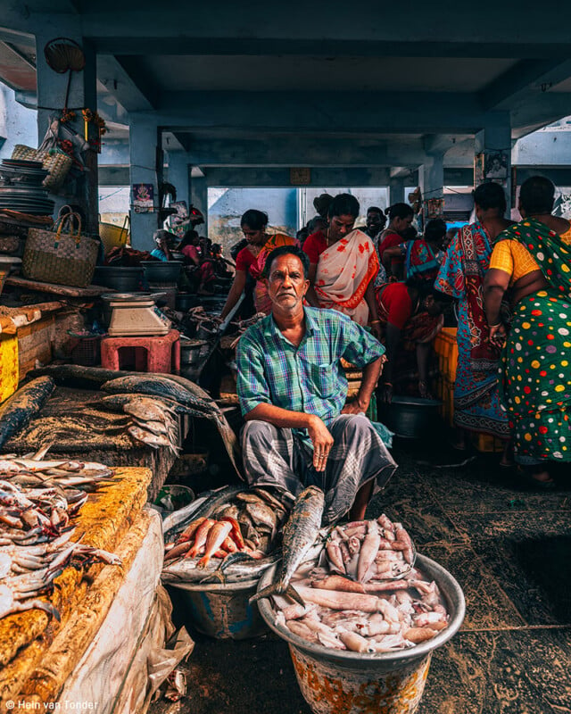 A man in a blue and green plaid shirt sits among various types of fish on display at a bustling market. Around him, other vendors and shoppers engage in buying and selling activities. The market is under a concrete structure with partial sunlight illuminating the scene.