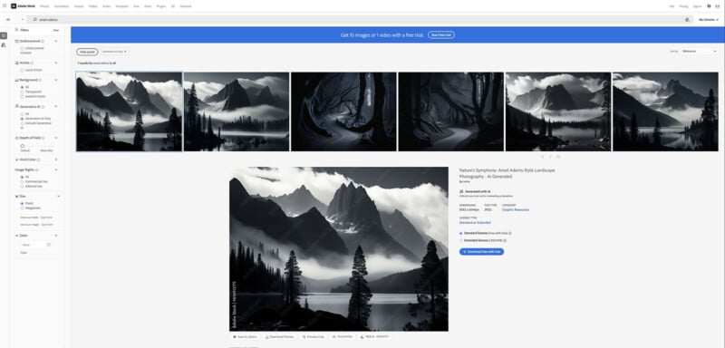A dark-themed gallery of landscape images is displayed on a computer screen. The images include misty, mountainous scenes and ethereal forests, with a large featured photo showing a foggy lake surrounded by towering mountains and silhouetted trees.