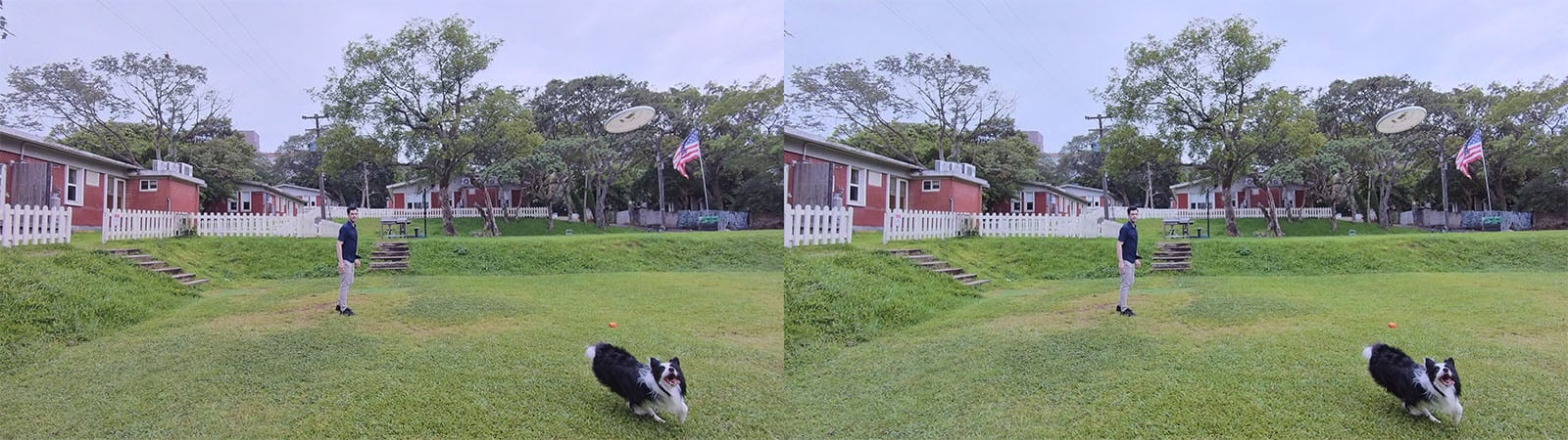 A person stands on a grassy lawn, framed by several houses and trees. An American flag is visible on a flagpole. A black and white dog runs across the lawn. The image is a side-by-side comparison of two similar scenes.