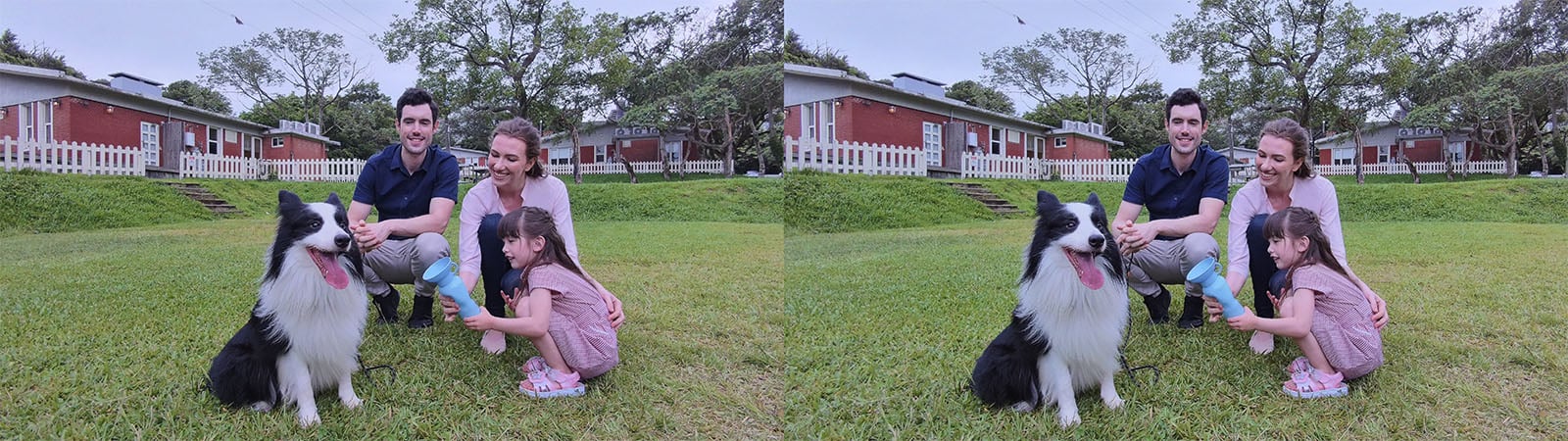 A family of three sits on grass in front of a red house. A man and woman smile as a young girl offers a toy to a black and white dog. Trees and a fence are visible in the background. The photo is mirrored side by side with identical images.