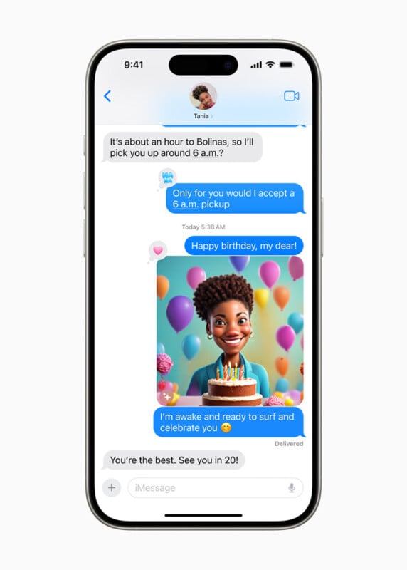 A smartphone screen displaying a text conversation. "Tania" says she'll pick up the other person around 6 a.m. The other person accepts, sends two messages saying "Happy birthday, my dear!" and "I'm awake and ready to surf and celebrate you," with a cake emoji.   .