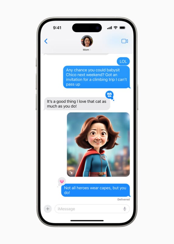 A smartphone screen displaying a text conversation. The messages show a request to babysit, a positive response, and a humorous comment about loving a cat. An animated image of a woman wearing a superhero outfit is included in the conversation.