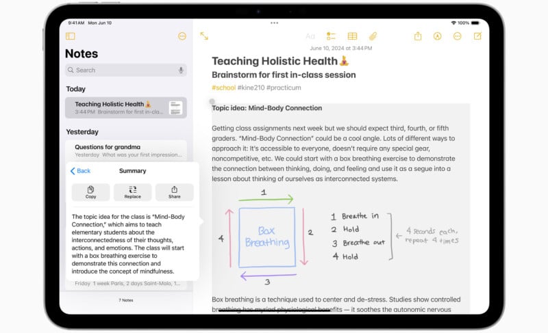 A tablet screen displaying a notes app with an outline titled "Teaching Holistic Health 🌿". The note includes session details, a diagram labeled "Box Breathing" with steps for breathing, and another note titled "Questions for grandma" with subpoints.