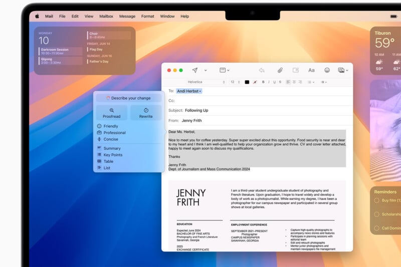 A laptop screen displays an email draft with the subject "Following Up." There is a visible toolbar and text body. In the background, several app windows are open, including a weather app showing 59°F, and a calendar with a date and events.