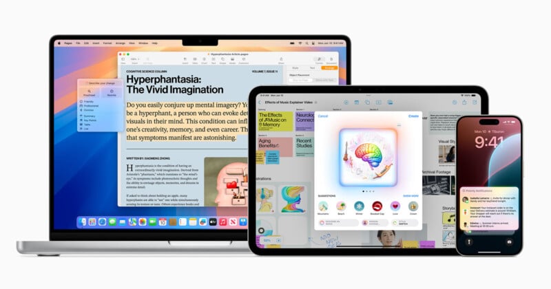 A variety of Apple devices are displayed, including a MacBook, iPad, Apple Watch, and iPhone. The MacBook shows a webpage, the iPad displays a health-related app, the Apple Watch shows a fitness progress screen, and the iPhone displays notifications.