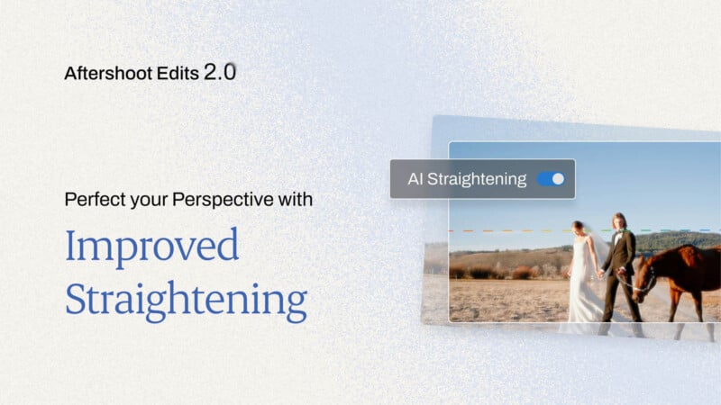 The image promotes Aftershoot Edits 2.0, featuring "Improved Straightening." It shows a toggle switch for "AI Straightening" above a photo of a couple holding a horse. Text reads "Perfect your Perspective with Improved Straightening.