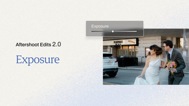 A screenshot of Aftershoot Edits 2.0 displays a photo of a couple in wedding attire walking on a street. The bride holds a bouquet, and the groom is beside her. Above the photo, an "Exposure" adjustment bar is visible, indicating a feature of the software.