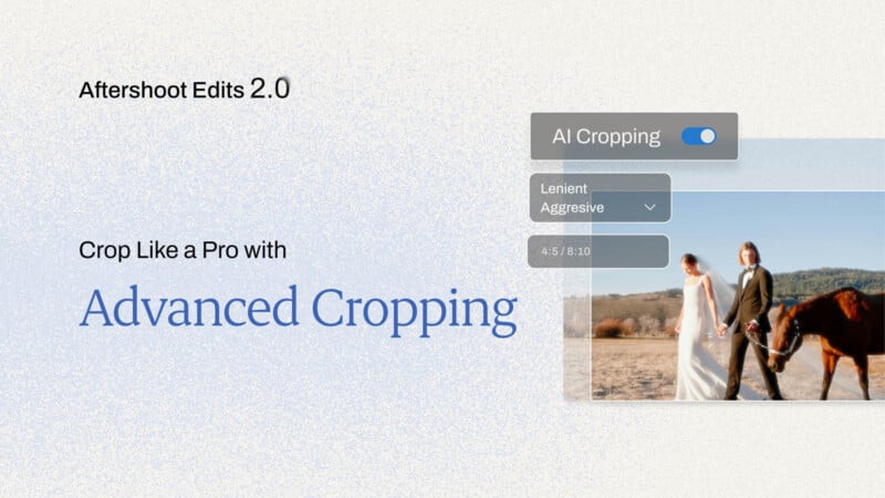 An advertisement for Aftershoot Edits 2.0 features the text "Crop Like a Pro with Advanced Cropping" and an image of a bride and groom walking outdoors with a horse. A UI panel shows AI Cropping settings with options for lenient and aggressive cropping.