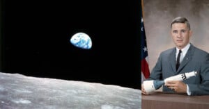A composite image featuring a photo of Earth taken from the lunar surface on the left, and a man in a suit holding a model of a Saturn V rocket against a backdrop of the American flag on the right. The Earth appears small and distant above the moon's horizon.