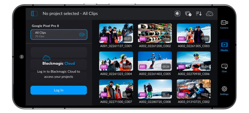 A smartphone screen showing a media management app with various thumbnails of video clips featuring people skiing and snowboarding. The interface includes options for Camera, Media, Chat, and Settings. "Google Pixel Pro 8" and "Blackmagic Cloud" are visible.