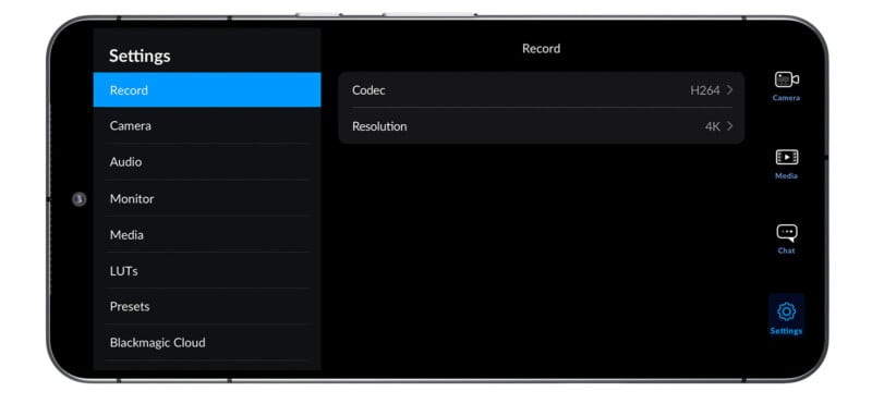 A smartphone screen displaying a settings menu for recording options. The menu includes options such as Camera, Audio, Monitor, Media, and more. The highlighted selection is "Record," and specific settings for Codec (H.264) and Resolution (4K) are shown.