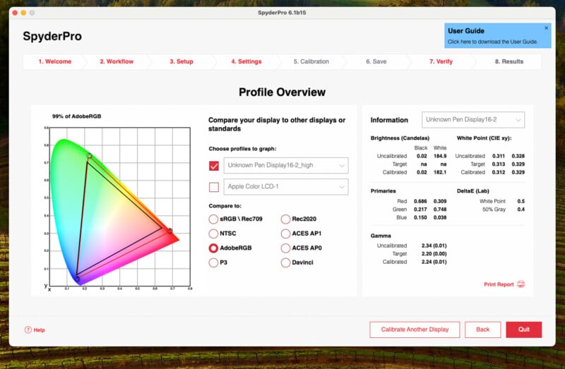 A screenshot of the SpyderPro monitor calibration software. It shows a profile overview with a color gamut graph comparing different color profiles, alongside various color settings and information. The interface includes options like calibration settings, display comparison, and brightness.