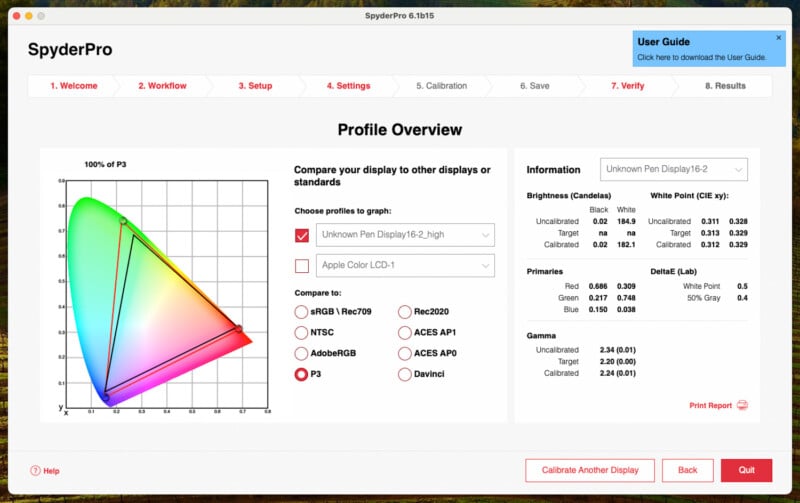A screen capture of the SpyderPro software displaying a profile overview. The left side shows a color gamut comparison graph, and the right side provides display information, including brightness and contrast settings. A "Calibrate Another Display" button is at the bottom.