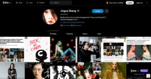 A screenshot of a social media profile page for Cara, a verified user with the handle @zemotion. The page showcases a portfolio of various artistic photos and has options for viewing Cara's portfolio, timeline, friends, and likes. The top banner features a profile picture of a person and links to buy Cara a coffee and sign up. The bio reads: “Building Carai. Have questions? Ping us on Discord! https://zingchartang.com.” The portfolio includes a variety of artistic images, with one prominently mentioning "300K on CARA.