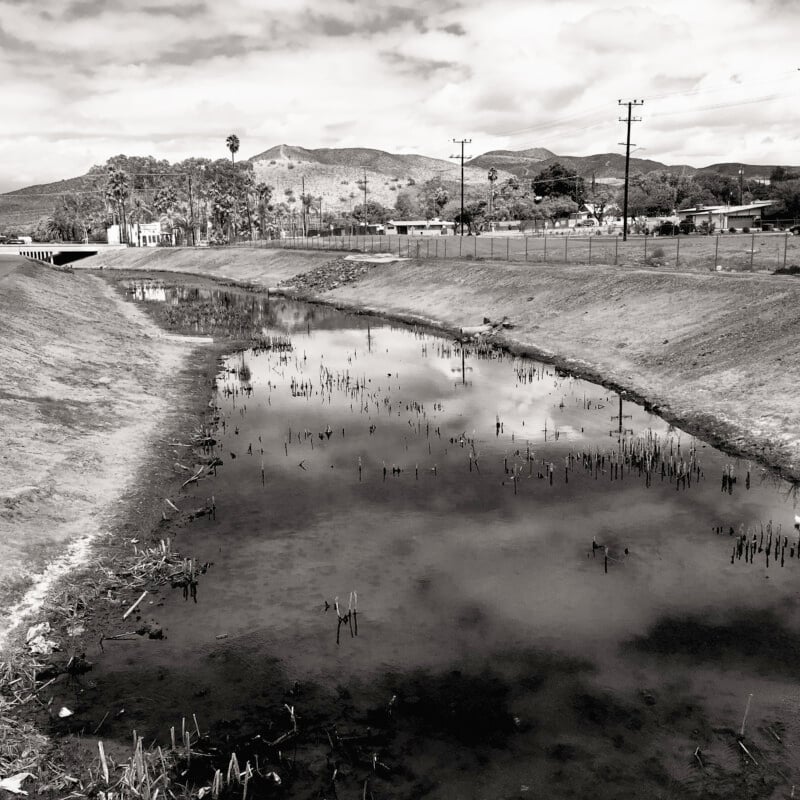 A black-and-white image shows a canal with still water, reflecting the clouds in the sky. Dry vegetation and tree stumps are seen in the water. The canal is flanked by grassy slopes. In the background, there are mountains, power lines, and buildings.