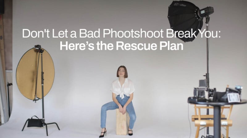 A woman sits on a wooden stool in a photography studio. She is surrounded by professional lighting equipment and a large reflector. The text above her reads, "Don't Let a Bad Photoshoot Break You: Here’s the Rescue Plan.