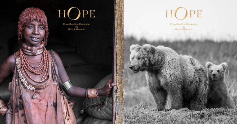 Composite image for the "HOPE" crowdfunding campaign by Mitty & Hemeria. The left side features a woman in traditional attire adorned with beads and jewelry. The right side shows a grayscale photo of a bear and its cub in a natural setting.