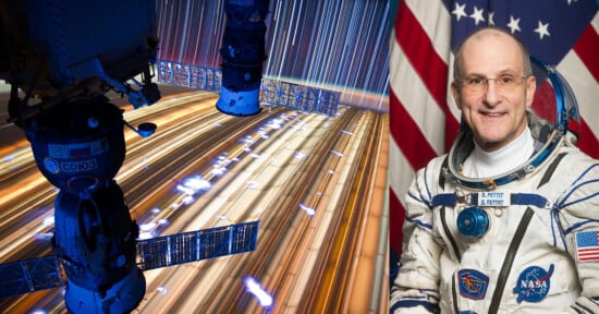 On the left, a time-lapse image shows a spacecraft docked at a space station with streaks of light from Earth below. On the right, a person in a spacesuit is smiling in a formal portrait, with an American flag and NASA logo in the background.