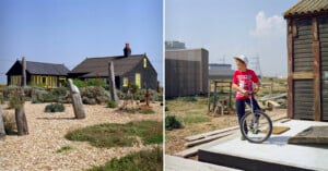 A split image: On the left, a small rustic beach house with yellow window frames and a gravel yard featuring scattered plants and wooden posts. On the right, a person in a red shirt riding a unicycle near a weathered wooden shed in a similar setting.