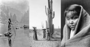 A triptych of three black-and-white photographs. The left photo shows a person standing on a rock in a river with a stick, surrounded by a wooded landscape. The middle photo features three individuals carrying baskets on their heads near a large cactus. The right photo is a close-up portrait of a child wrapped in a blanket, looking off to the side.