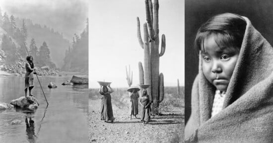 A triptych of three black-and-white photographs. The left photo shows a person standing on a rock in a river with a stick, surrounded by a wooded landscape. The middle photo features three individuals carrying baskets on their heads near a large cactus. The right photo is a close-up portrait of a child wrapped in a blanket, looking off to the side.