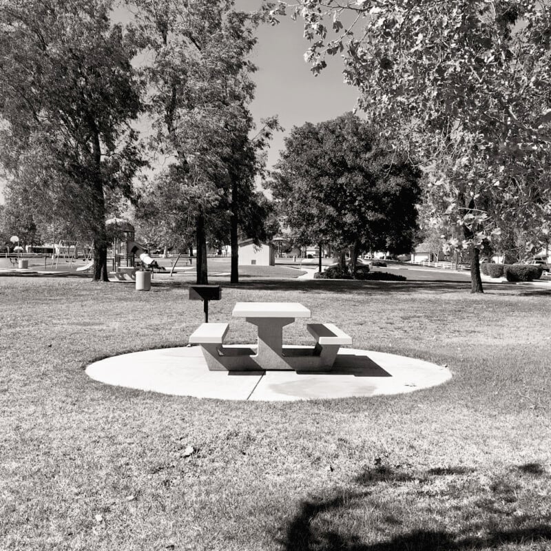 Black and white image of a public park with a concrete picnic table and a barbecue grill on a circular concrete pad in the foreground. Trees and a playground with various structures are visible in the background. The scene is under a clear sky.