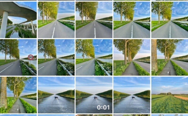 A grid of 18 images depicts a cyclist's view along a tranquil road lined with trees, a speed limit sign, and a river scene. Some images show the road under an overpass, while others illustrate green fields and a boat on the river.