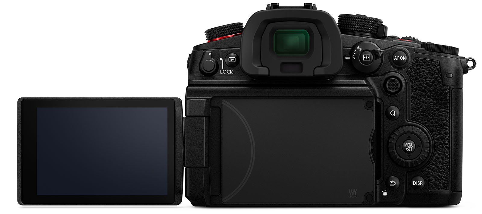 Back view of a digital camera with a flip-out LCD screen extended to the side. The camera has multiple buttons and dials, including a locking mechanism, a joystick, and a mode dial. The electronic viewfinder is prominently visible at the top center.