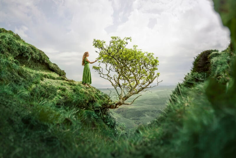 A woman in a green dress stands on a grassy cliff edge, gently touching a small, lone tree with fresh green leaves that grows out horizontally over a vast, cloudy landscape. The scene evokes a sense of tranquility and nature's beauty.