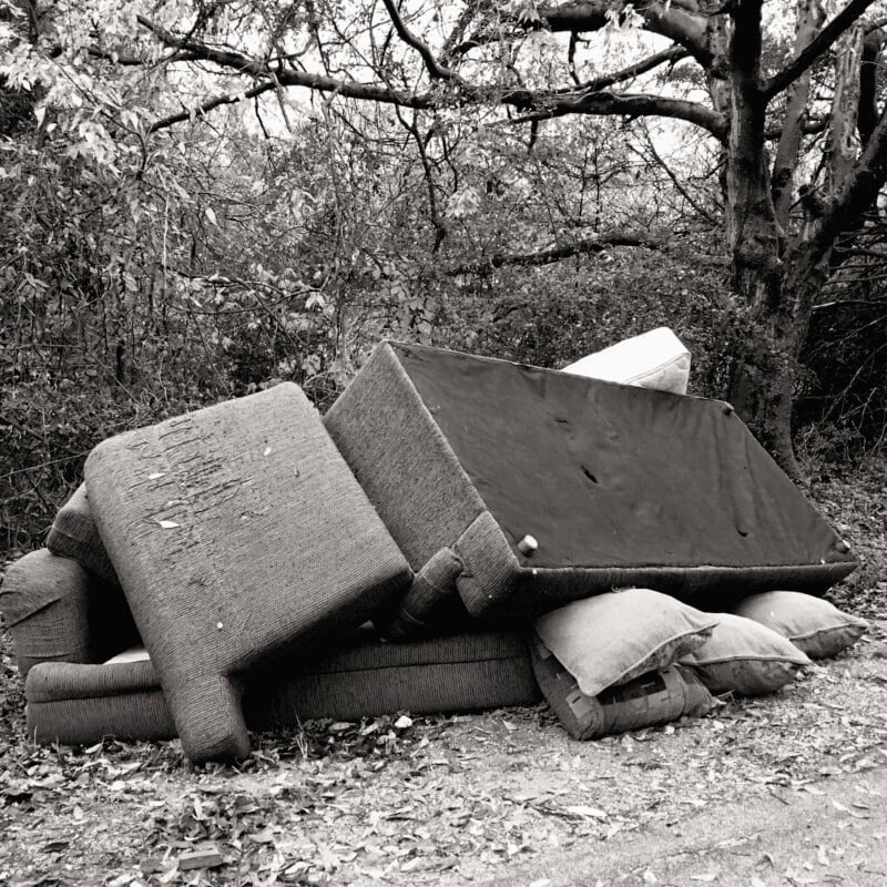 A black and white image shows an old, worn-out couch and several cushions, haphazardly piled on the ground amidst a backdrop of trees and foliage. The scene suggests abandonment and neglect, with the cushions and upholstery visibly damaged and weathered.