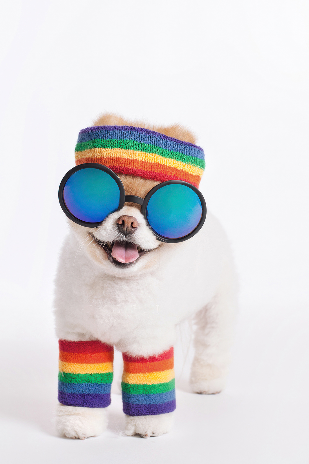 A small, fluffy dog wearing a rainbow-colored headband and leg warmers. The dog also sports large, round blue sunglasses and is standing on a white background, looking happy with its tongue out.