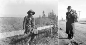 Two black-and-white photos: Left - A man with a beard and hat sits on a fence by a rural road, holding a cloth bag. Right - A man with a hat and long coat walks along a dirt road carrying a sack over his shoulder, with a rural landscape and power lines in the background.