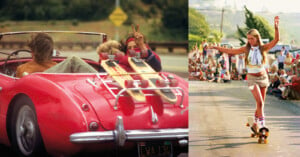 On the left, two people in a red convertible wave while driving with skateboards on the trunk. On the right, a woman skateboards gracefully on a street in front of a crowd, striking a pose with arms outstretched.