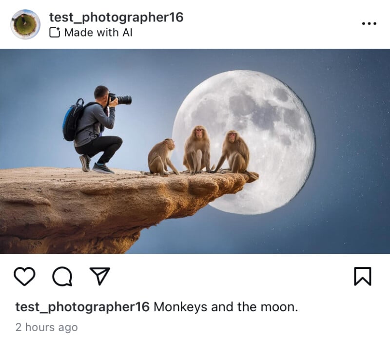 A photographer crouches on a rocky ledge, capturing images of three monkeys sitting on an adjacent narrow cliff edge, with a large full moon in the background. The scene is surreal and otherworldly.