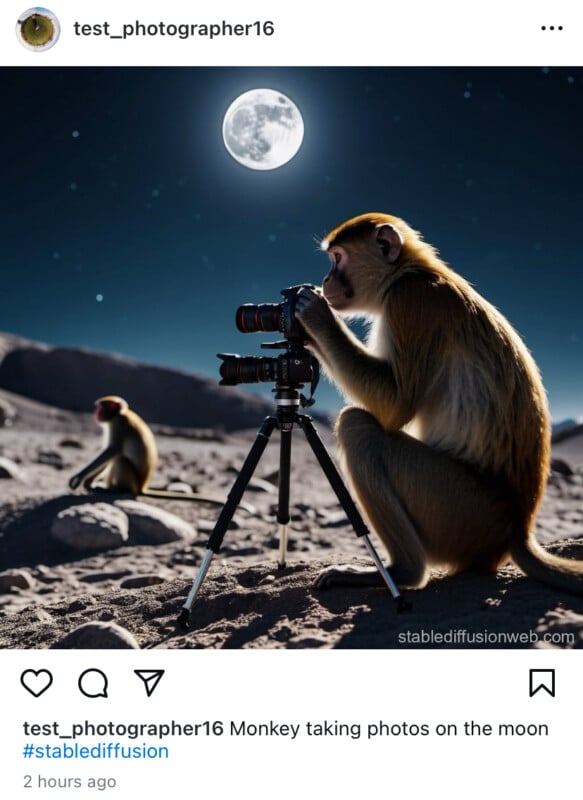 A monkey is perched on the moon, using a camera on a tripod to take photos under a bright full moon. Another monkey is visible in the background sitting on the rocky lunar surface, with Earth faintly visible in the distance.