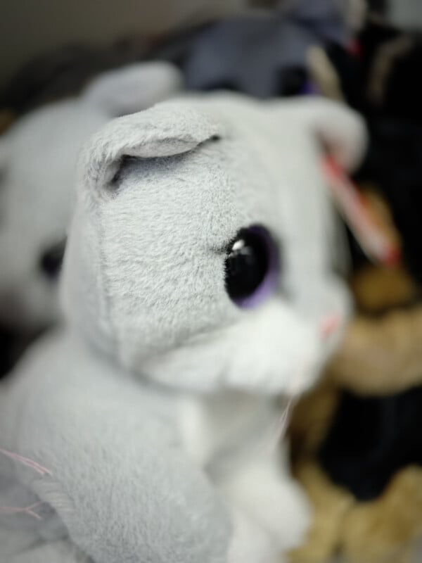 A soft, grey stuffed animal with big, round black eyes and small pink nose and mouth. The toy has a cute and fuzzy appearance, resembling a cat. It is positioned slightly off-center, with a blurred background of other stuffed toys.