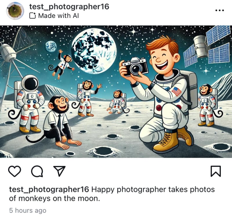 Illustrated image of a smiling astronaut photographer taking photos of monkeys on the moon. The background features space elements like the Earth, stars, and satellites. The monkeys are also wearing space suits and are playfully posing.