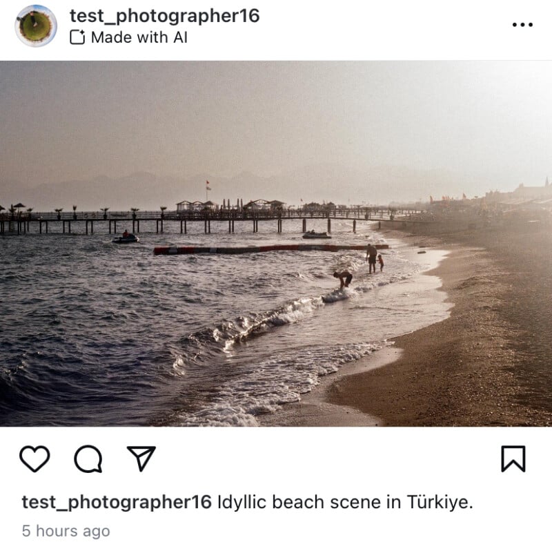 A serene beach scene in Türkiye, with gentle waves lapping against the shore and a few people enjoying the water. A long pier extends into the sea, and the horizon is misty with the sun casting a soft golden glow over the landscape.
