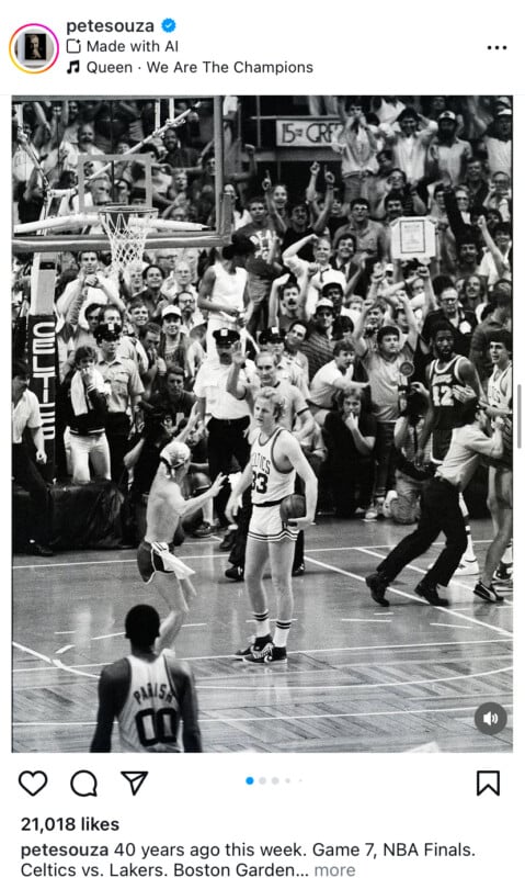 A black-and-white photo of an NBA game showing Celtics player Larry Bird celebrating on the court as fans in the stands and other players cheer. The scoreboard in the background displays "15 sec." The caption mentions this is from Game 7 of the NBA Finals between the Celtics and Lakers.
