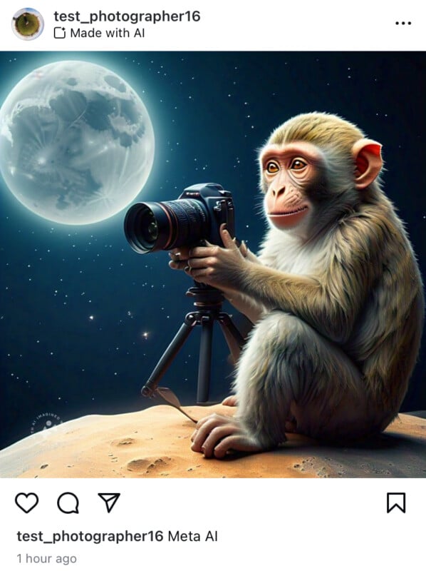 A monkey is holding a camera on a tripod, aiming it at a large full moon in a night sky. The moon appears detailed and bright, and the monkey is sitting on a rocky surface. The Instagram post caption reads, "Meta AI.
