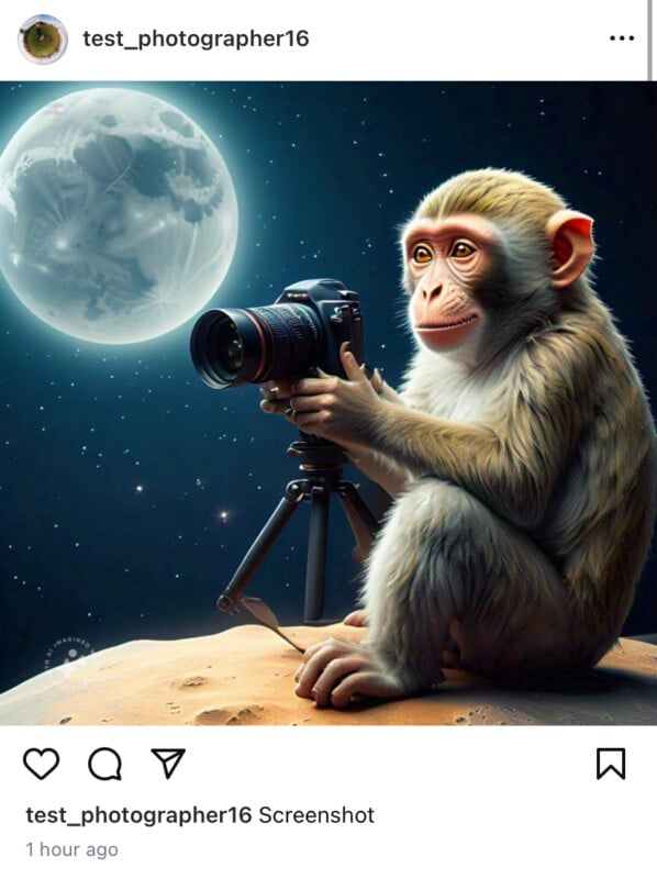 A monkey sits on a rocky surface under a starry night sky, using a camera mounted on a tripod. The full moon is prominently visible in the background. The image is a screenshot from an Instagram post by the user "test_photographer16".