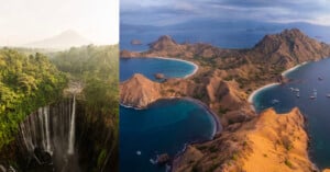 On the left, a tall waterfall cascades through lush, green forested cliffs into a misty valley below. On the right, arid, rugged hills and islands with sandy beaches extend into blue waters under a cloudy sky, showcasing a stunning coastal landscape.