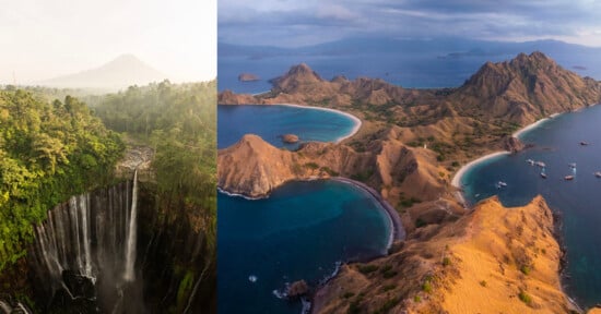 On the left, a tall waterfall cascades through lush, green forested cliffs into a misty valley below. On the right, arid, rugged hills and islands with sandy beaches extend into blue waters under a cloudy sky, showcasing a stunning coastal landscape.